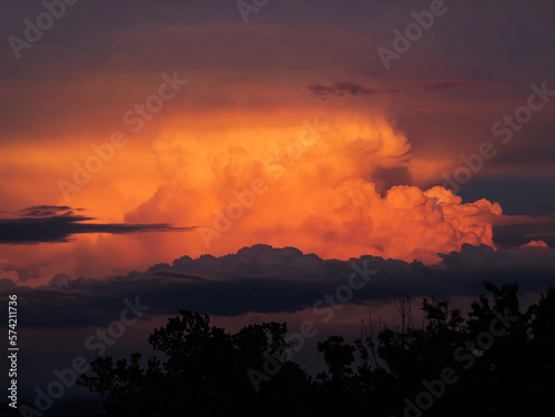 Dramatic cumulonimbus cloud rises above treetops and glows in sunset colours