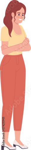 Smiling woman with crossed hands semi flat color vector character. Editable figure. Full body person on white. Simple cartoon style spot illustration for web graphic design and animation