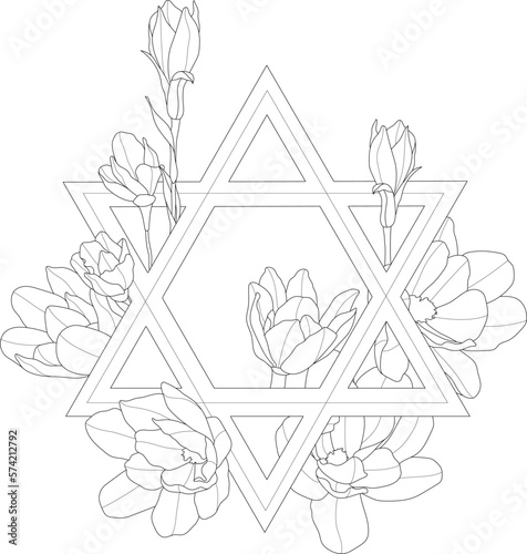 Judaism religion Davids star symbol with floral arrangement graphic sketch template. Cartoon vector illustration in black and white for games. Children`s story book, fairytail, coloring paper, page.