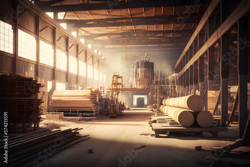 Woodworking sawmill production and processing of wooden boards in a modern industrial factory assembly line in production. Neural network AI generated art
