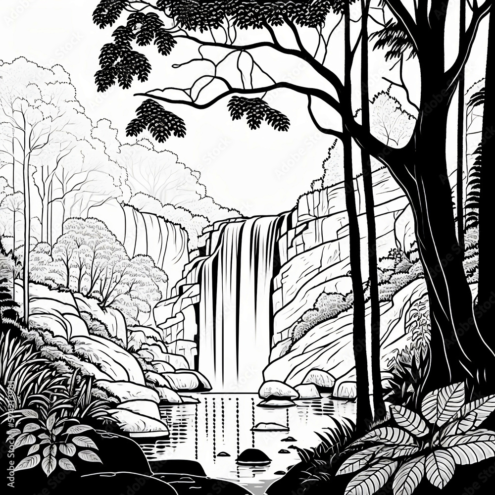 Waterfall landscape in black and white illustration of coloring book