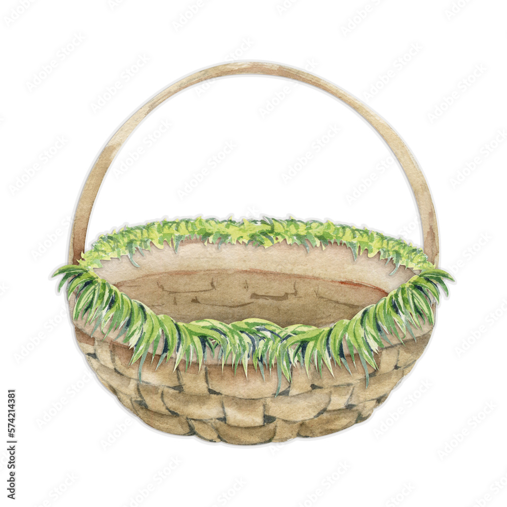 Watercolor hand drawn Easter celebration clipart. Beige basket for eggs and flowers. Isolated object on white background. For invitations, gifts, greeting cards, print, textile