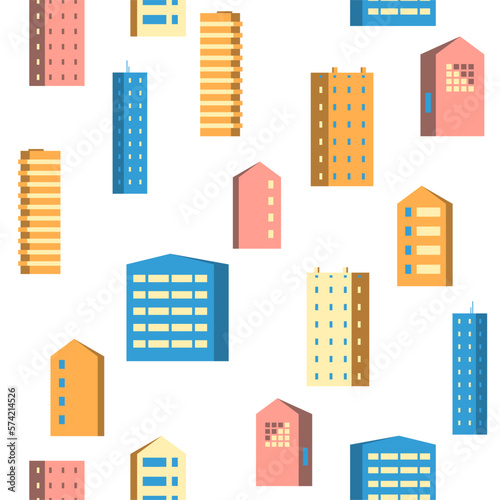 Vector seamless pattern in geometric flat style - city landscape with buildings, hills, bushes and trees.