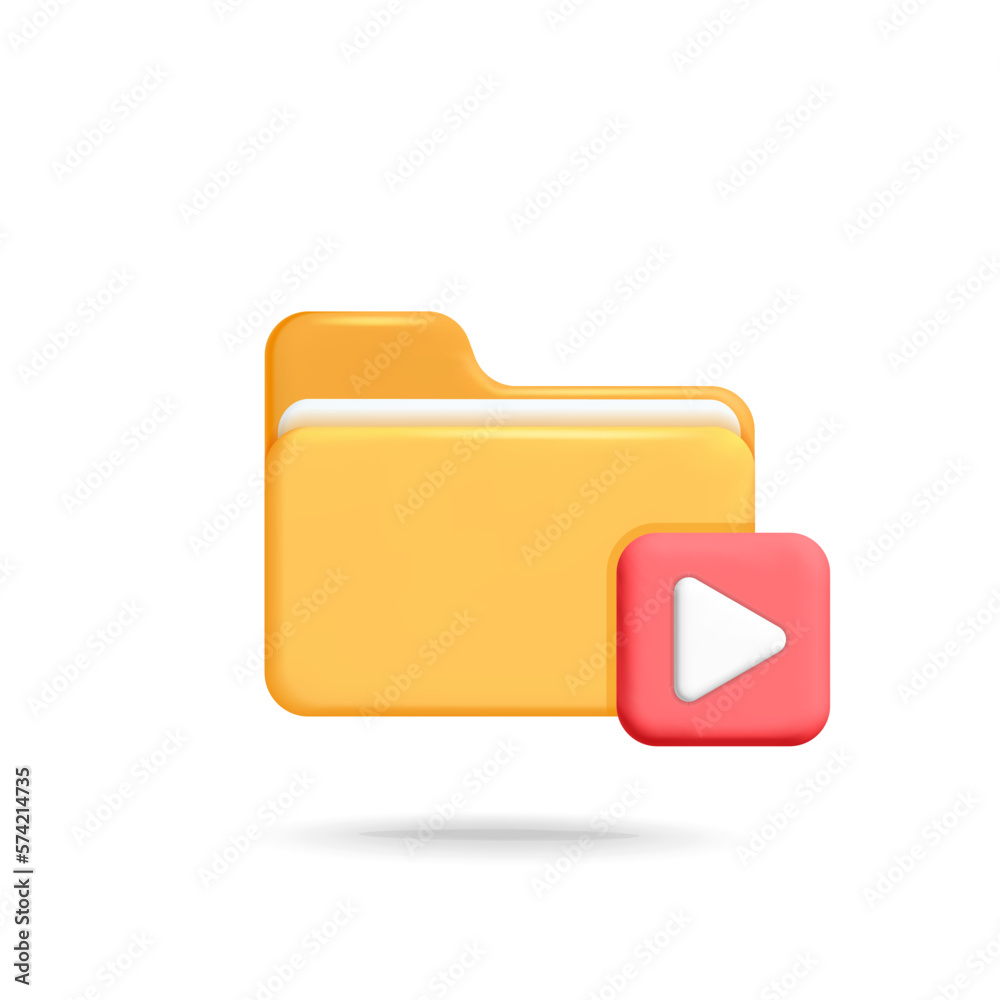 3d vector cartoon render file folder and square red play video button icon design 3d vector cartoon render file folder and square red play video button icon design