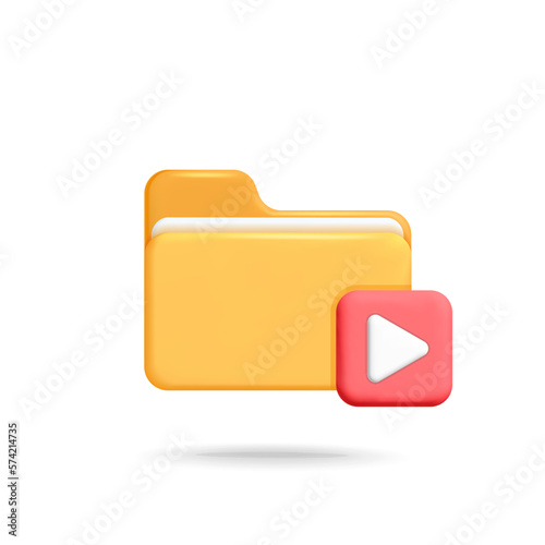 3d vector cartoon render file folder and square red play video button icon design