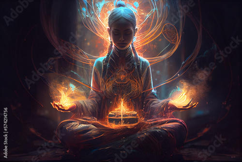 Mindful Woman Meditating with Burning Incense Stick. A state of trance and deep meditation. A state of trance and deep meditation. A spiritual journey in the universe. Abstract chakra meditation