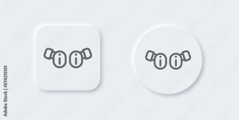 Earbuds line icon in neomorphic design style. Wireless earphones signs vector illustration. Earbuds line icon in neomorphic design style. Wireless earphones signs vector illustration.