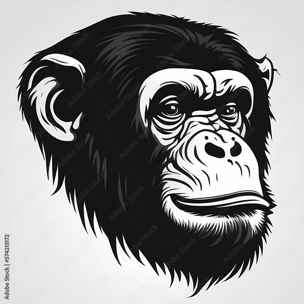 Black and White Drawing of a Head of an Chimpanzee Created by Generative AI Technology
