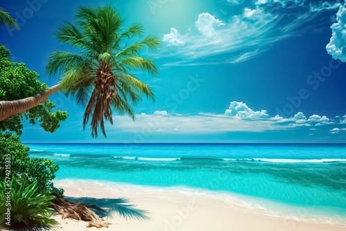 Sandy tropical beach with island on background. Summer vacation  tropical beach with turquoise water. Summer vacation and travel concept. generative AI  