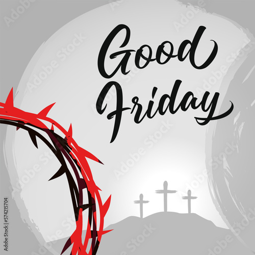 Good Friday, crown of thorns with Calvary and tomb. Easter Sunday, He is risen - concept for church web banner or holiday service flyer. Vector illustration