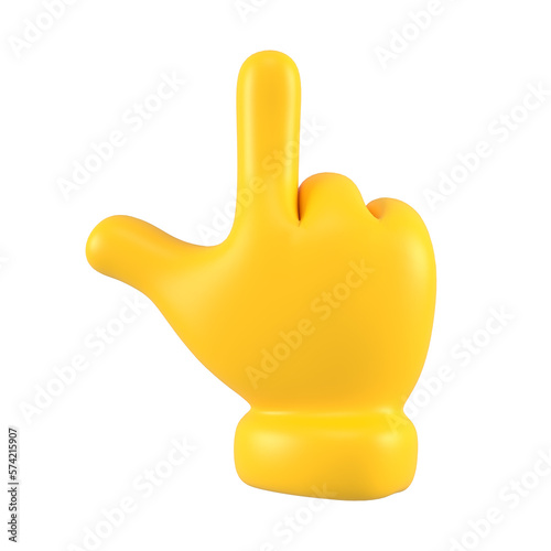 Yellow emoji hand showing up or pointing gesture isolated. Close up tap gestures icons, symbols, signals and signs. 3d rendering.