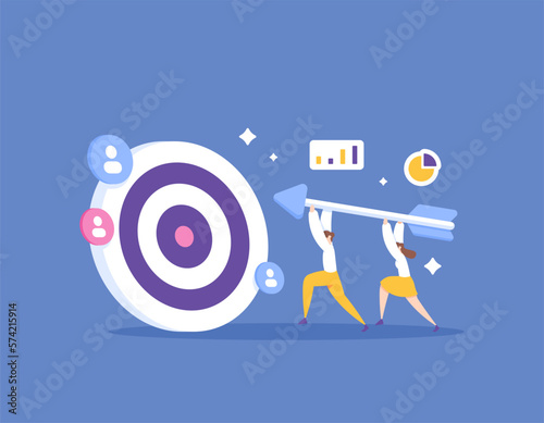 a team that works together to reach the target. collaboration and partnership. team work to achieve the goals and completed the challenge. team collaboration. target audience and sales. illustration