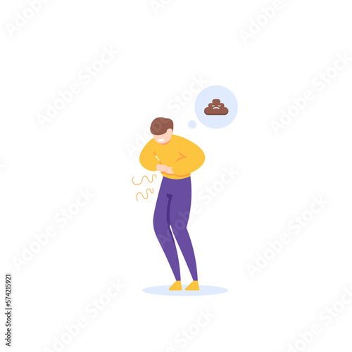 a man felt pain in his stomach because he wanted to poop. difficult defecation. symptoms of diarrhea, constipation, ulcers. ill and hearthburns. Digestive and health system problems. illustration