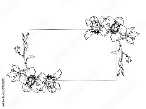 Hand drawn vector ink orchid flowers and branches, monochrome, detailed outline. Horizontal frame composition. Isolated on white background. Design for wall art, wedding, print, tattoo, cover, card.