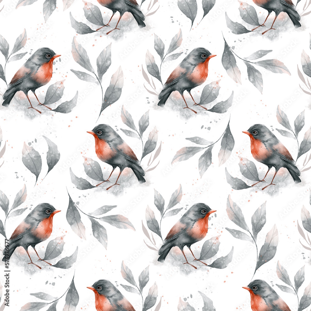 Seamless pattern with birds and leaves. Watercolor print, textile or ...
