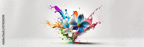 Levitating of spring or summer colorful flower bouquet with liquid water splash on white background, Blooming levitation, Greeting card, Surreal aesthetic nature concept AI Generative