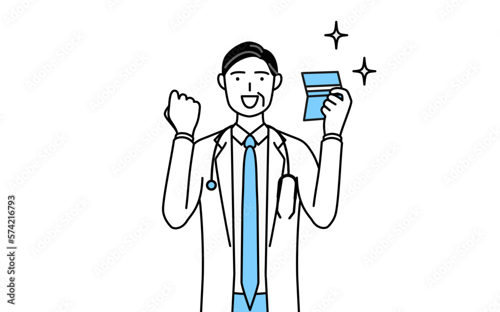 預金通帳を見て喜ぶ聴診器をかけた白衣の男性医師、シニア・中高年のベテラン医師