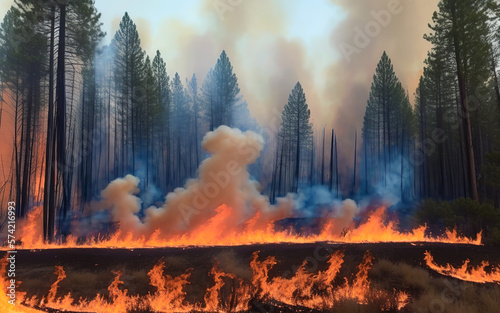 Forest fire. Heatwave causes forest burning rapidly and destroyed  silhouette  natural calamity. Forest fire  bushfire with flames and smoke clouds. generative ai