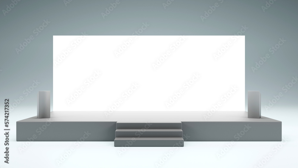 Simple stage with podium and blank backdrop for event presentation, 3D rendering - obrazy, fototapety, plakaty 