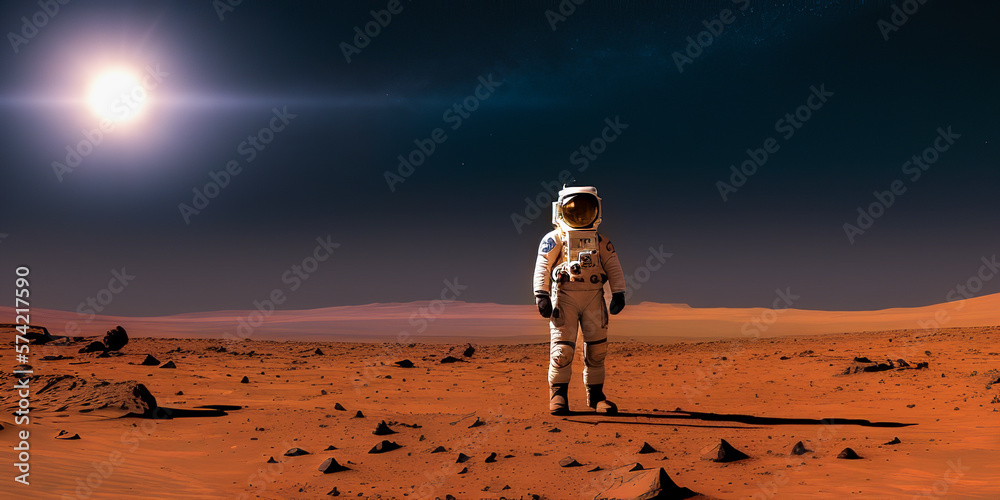 first man on mars. Astronaut in space suit landed on Mars in desert siting on Mars Red Planet. First Manned Mission on Mars. Space Exploration, Colonization. generative ai - obrazy, fototapety, plakaty 