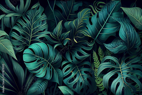 Green plant leaves background. Floral tropical pattern. 