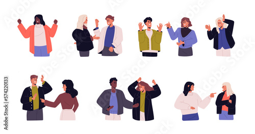 Angry people in conflict, quarrel, fight set. Aggressive characters in anger, disagreement, brawling, abusing, talking with neagtive emotions. Flat vector illustrations isolated on white background