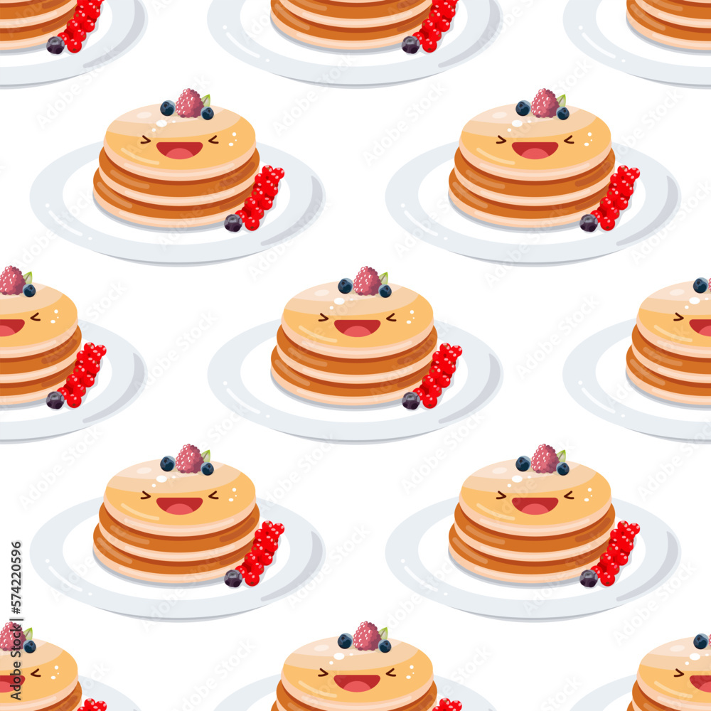 Cute pancakes seamless pattern. Vector illustration. Food icon concept. Flat cartoon style.. Cute pancakes seamless pattern. Vector illustration. Food icon concept. Flat cartoon style..