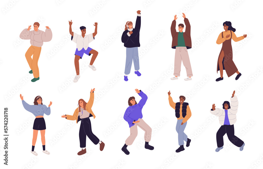 Happy people dancing to music set. Young energetic dancers, excited smiling men, women with joy, fun emotions. Girls and guys at disco party. Flat vector illustrations isolated on white background Happy people dancing to music set. Young energetic dancers, excited smiling men, women with joy, fun emotions. Girls and guys at disco party. Flat vector illustrations isolated on white background