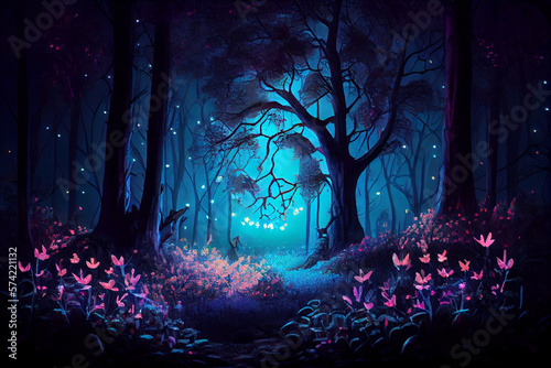 Fantasy forest at night. magic luminous flowers in fairy