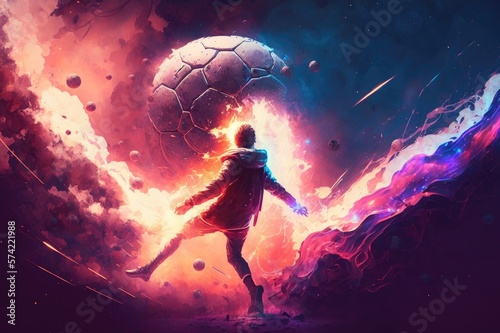 Galactic Goal Scorer A Cyberpunk Soccer Pro Launches the Ball into a Nebula of Fire and Light Generative AI photo