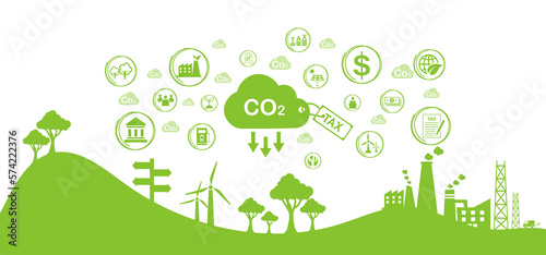 Concept of green Co2 Tax, carbon tax, Page Template with icon. Taxation for Nature Pollution. Flat design, vector illustration for web banner.
