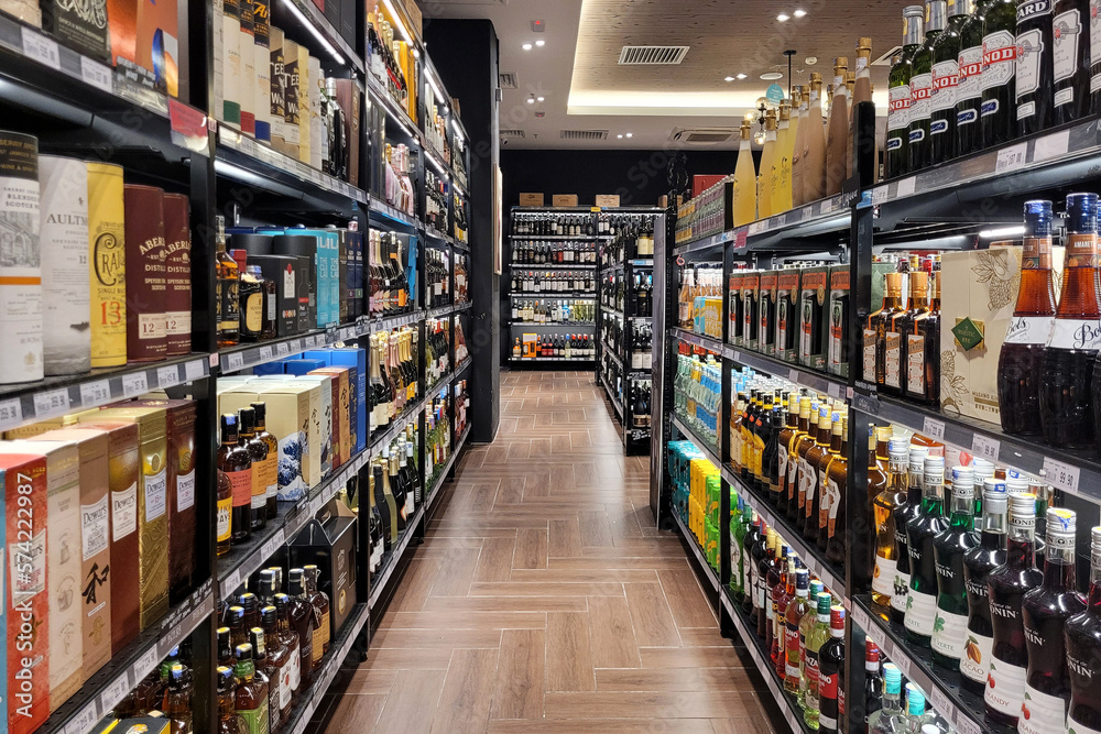 PENANG, MALAYSIA 26 MAR 2021 An assortment of imported wine and hard