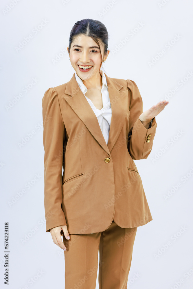 Portrait shot of happy asian beautiful businesswoman working in formal business suit standing posing smiling isolated over white background Portrait shot of happy asian beautiful businesswoman working in formal business suit standing posing smiling isolated over white background