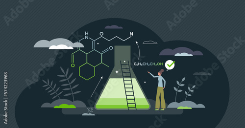Green chemistry with focus to reduce hazardous substances tiny person concept. Chemical research and engineering for nature friendly, sustainable and environmental product design vector illustration.