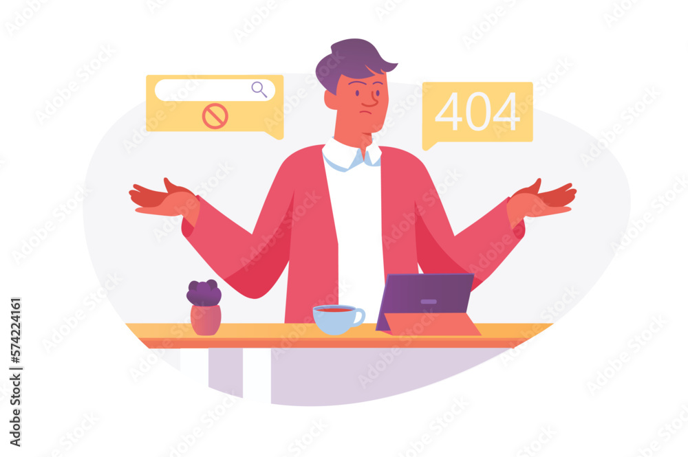 Asian concept 404 not found with people scene in the flat cartoon design. Programmer works to solve problems in a tablet. Vector illustration.