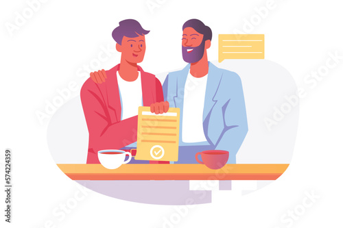 Asian concept Business deal with people scene in the flat cartoon style. Two business men met to resolve their affairs. Vector illustration.