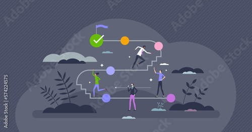 Career path roadmap as work challenge development route tiny person concept. Job progress and improvement with effective vision, motivation and goal vector illustration. Road map for successful leader