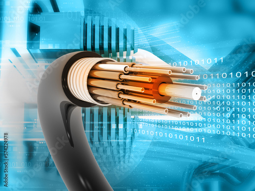 Optical fiber cable on digital technology background. 3d illustration.