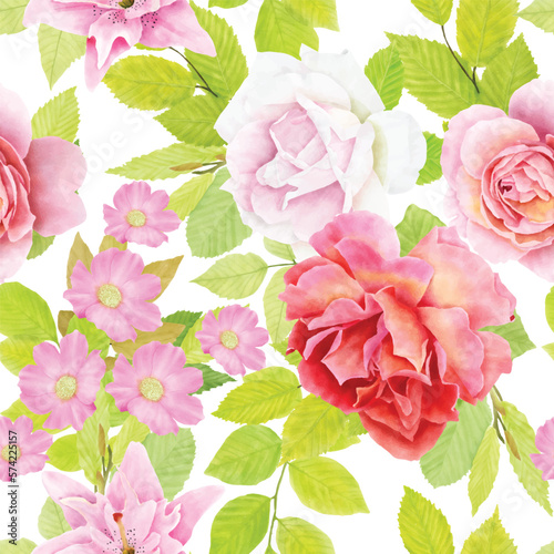 floral ornament with lily and roses illustration seamless pattern