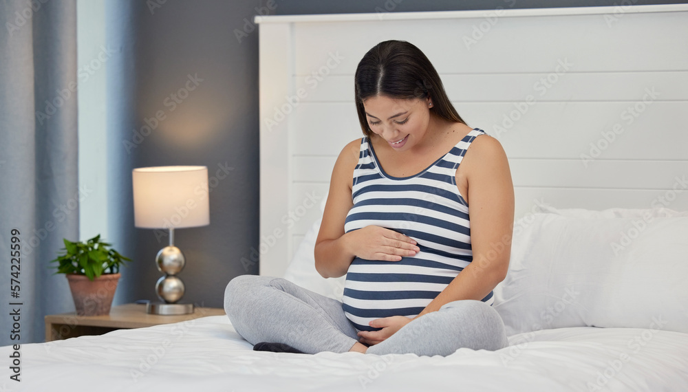 Pregnant, bed and mother with hands on abdomen holding stomach for baby, infant and child affection at home. Pregnancy love, family and excited, loving and happy woman rest, relax and calm in bedroom Pregnant, bed and mother with hands on abdomen holding stomach for baby, infant and child affection at home. Pregnancy love, family and excited, loving and happy woman rest, relax and calm in bedroom