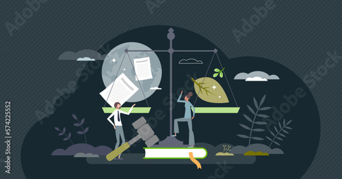 Environmental policy with nature friendly laws and eco rules tiny person concept. Renewable and nature friendly regulations from government vector illustration. Responsible legal climate awareness.