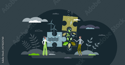 Sustainable solutions and ecological items combination tiny person concept. Nature friendly power, renewable material usage and resources saving as guidelines for planet climate vector illustration.