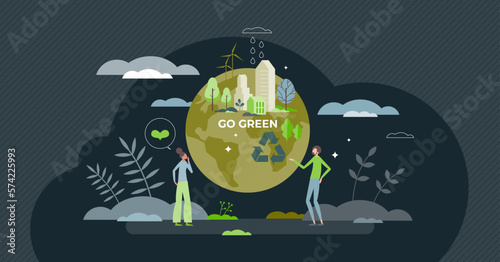 Go green and use recyclable nature friendly resources tiny person concept. Planet saving awareness community with green society thinking vector illustration. Alternative energy and wind power usage.