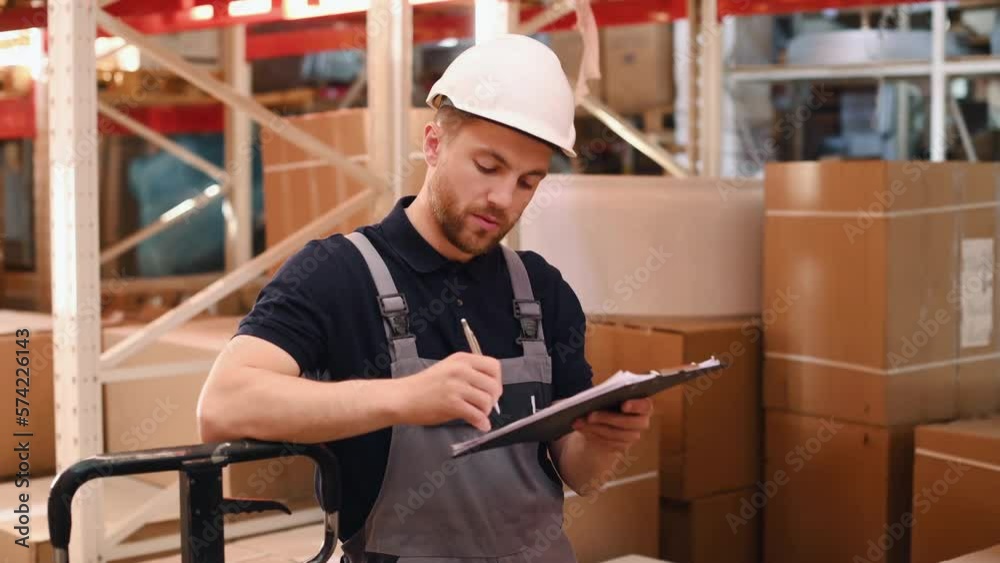 Standing and writing information into notepad. Storage worker in uniform is in the warehouse. Standing and writing information into notepad. Storage worker in uniform is in the warehouse.