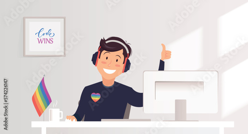 Attractive gay working on laptop. Inclusion and staff diversity at work. Workplace equality. Vector illustration.