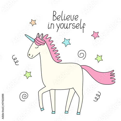 Poster with a cute unicorn. Hand drawn colorful vector illustration and be yourself lettering. Fairy animal. Doodle style.