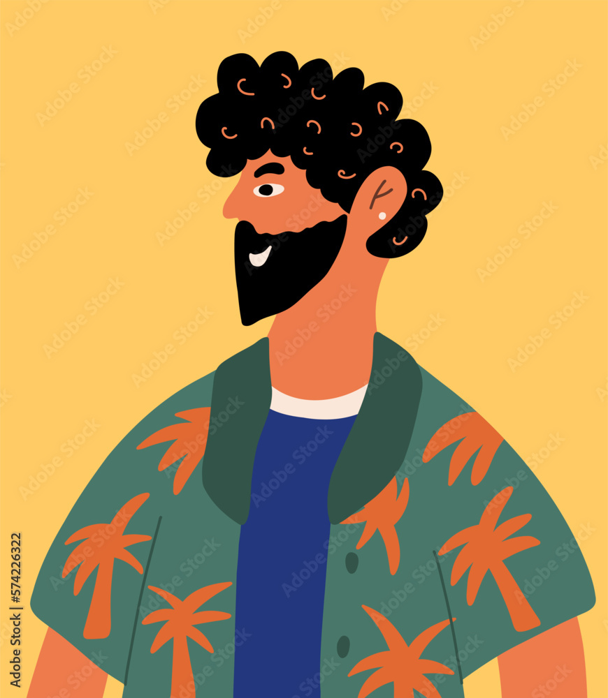 Portrait of a bearded happy man in a Hawaiian shirt with palm trees. Vector illustration in cartoon style. Portrait of a bearded happy man in a Hawaiian shirt with palm trees. Vector illustration in cartoon style.