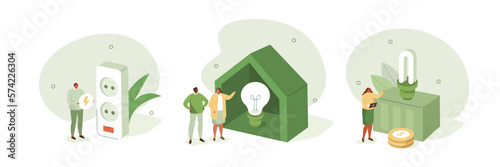 Sustainability illustration set. Characters reduce energy consumption at home by unplugging appliances and using energy saving light bulb. Environmentally conscious living concept. Vector illustration