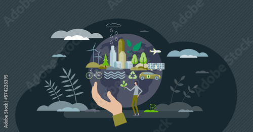 Sustainable eco city and ecological urban lifestyle tiny person concept. Nature friendly and environmental resources for electricity, power, water and transportation. Smart alternative electricity.