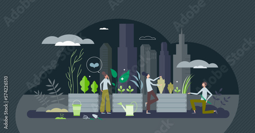 Sustainable city gardening and urban plant growing tiny person concept. Green, environmental and nature friendly hobby to grow your own food for eating vector illustration. Ecological botany at town.